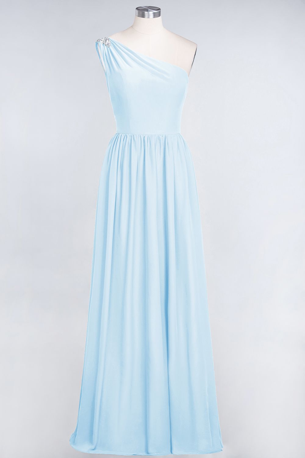Affordable Chiffon One-Shoulder Ruffle Bridesmaid Dress with Beadings-Babyonlines