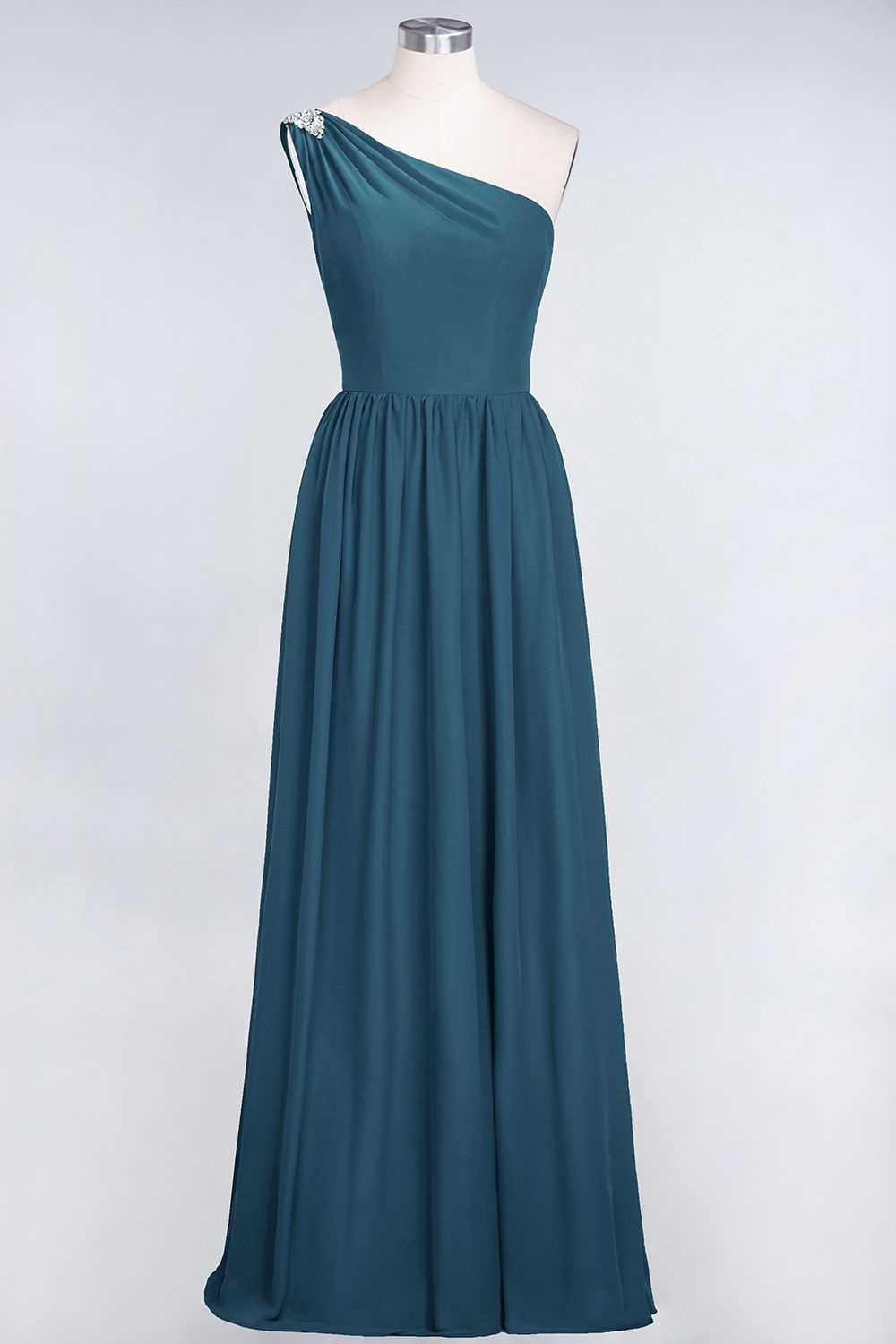 Affordable Chiffon One-Shoulder Ruffle Bridesmaid Dress with Beadings-Babyonlines