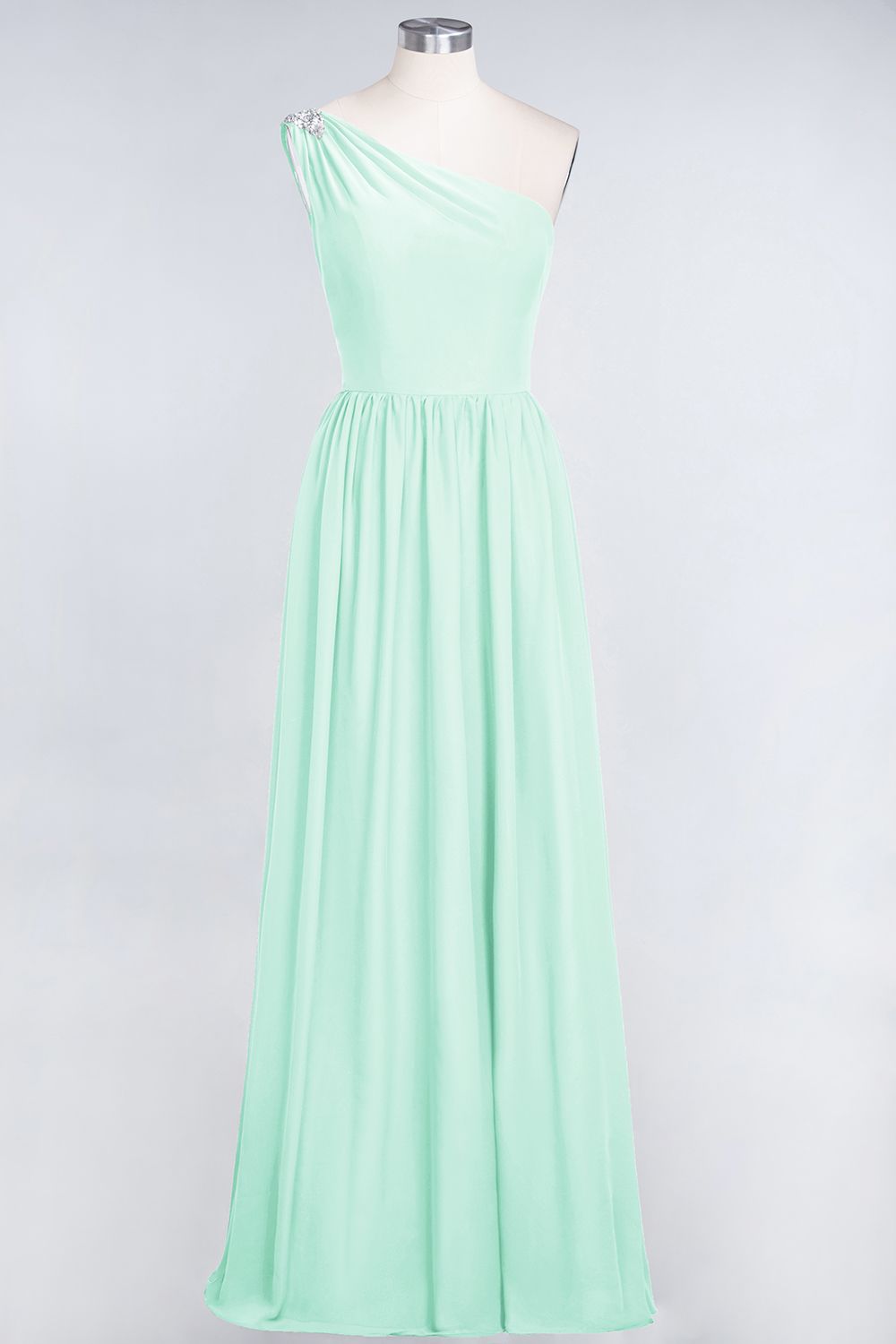 Affordable Chiffon One-Shoulder Ruffle Bridesmaid Dress with Beadings-Babyonlines