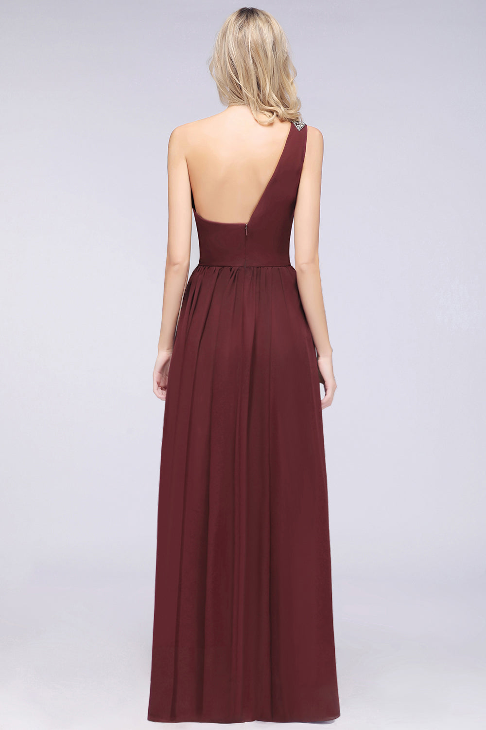 Affordable Chiffon One-Shoulder Ruffle Bridesmaid Dress with Beadings-Babyonlines