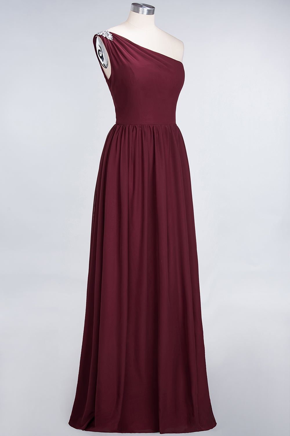 Affordable Chiffon One-Shoulder Ruffle Bridesmaid Dress with Beadings-Babyonlines