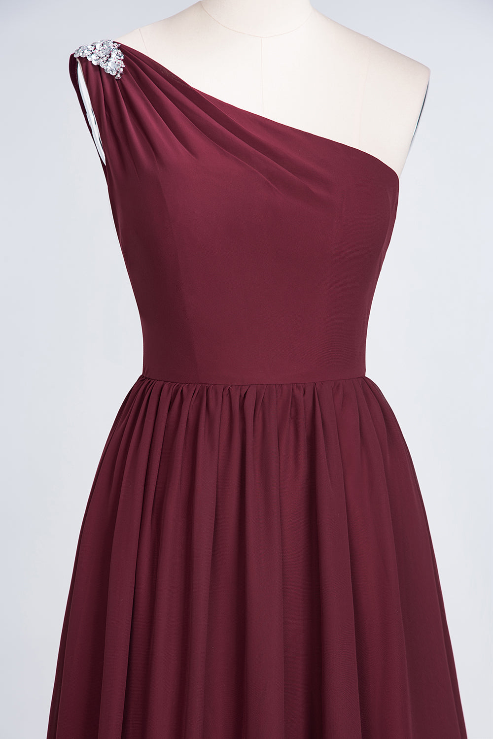Affordable Chiffon One-Shoulder Ruffle Bridesmaid Dress with Beadings-Babyonlines