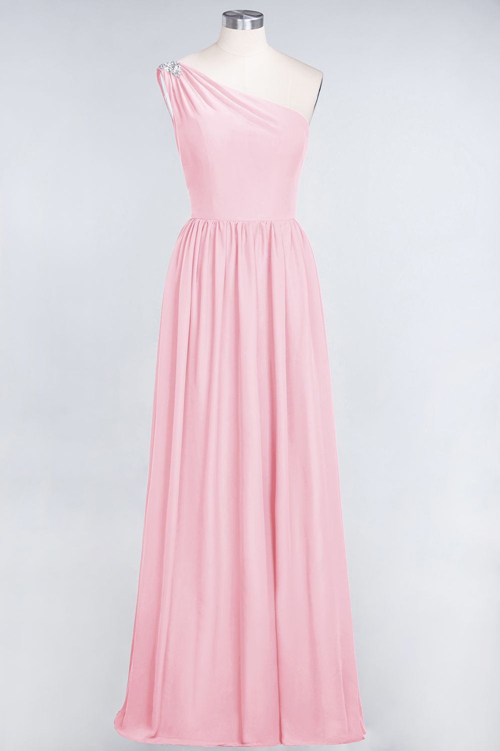 Affordable Chiffon One-Shoulder Ruffle Bridesmaid Dress with Beadings-Babyonlines