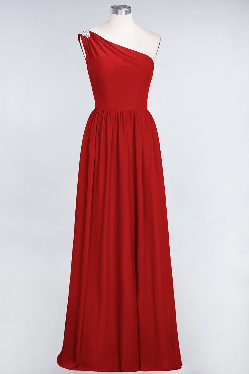 Affordable Chiffon One-Shoulder Ruffle Bridesmaid Dress with Beadings-Babyonlines