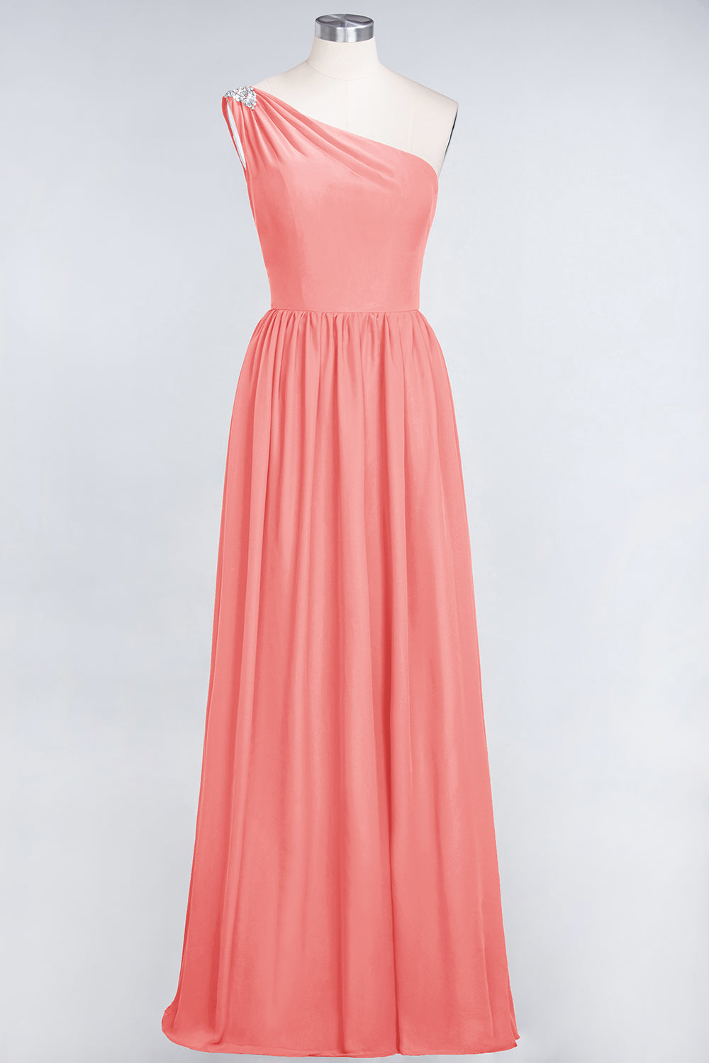 Affordable Chiffon One-Shoulder Ruffle Bridesmaid Dress with Beadings-Babyonlines