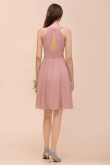 Affordable Dusty Pink Round Neck Ruffle Short Bridesmaid Dresses Online-Babyonlines