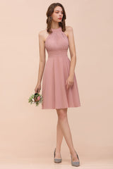 Affordable Dusty Pink Round Neck Ruffle Short Bridesmaid Dresses Online-Babyonlines