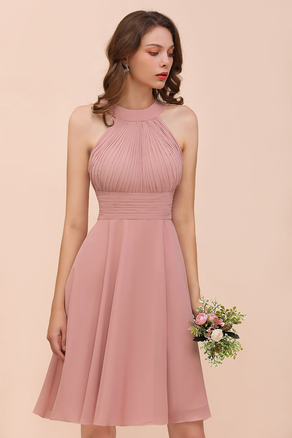 Affordable Dusty Pink Round Neck Ruffle Short Bridesmaid Dresses Online-Babyonlines