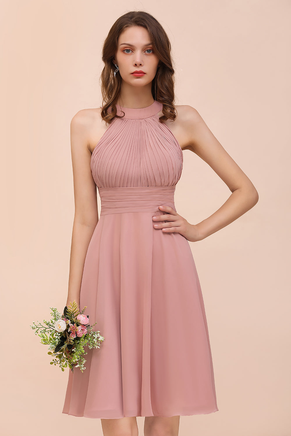 Affordable Dusty Pink Round Neck Ruffle Short Bridesmaid Dresses Online-Babyonlines