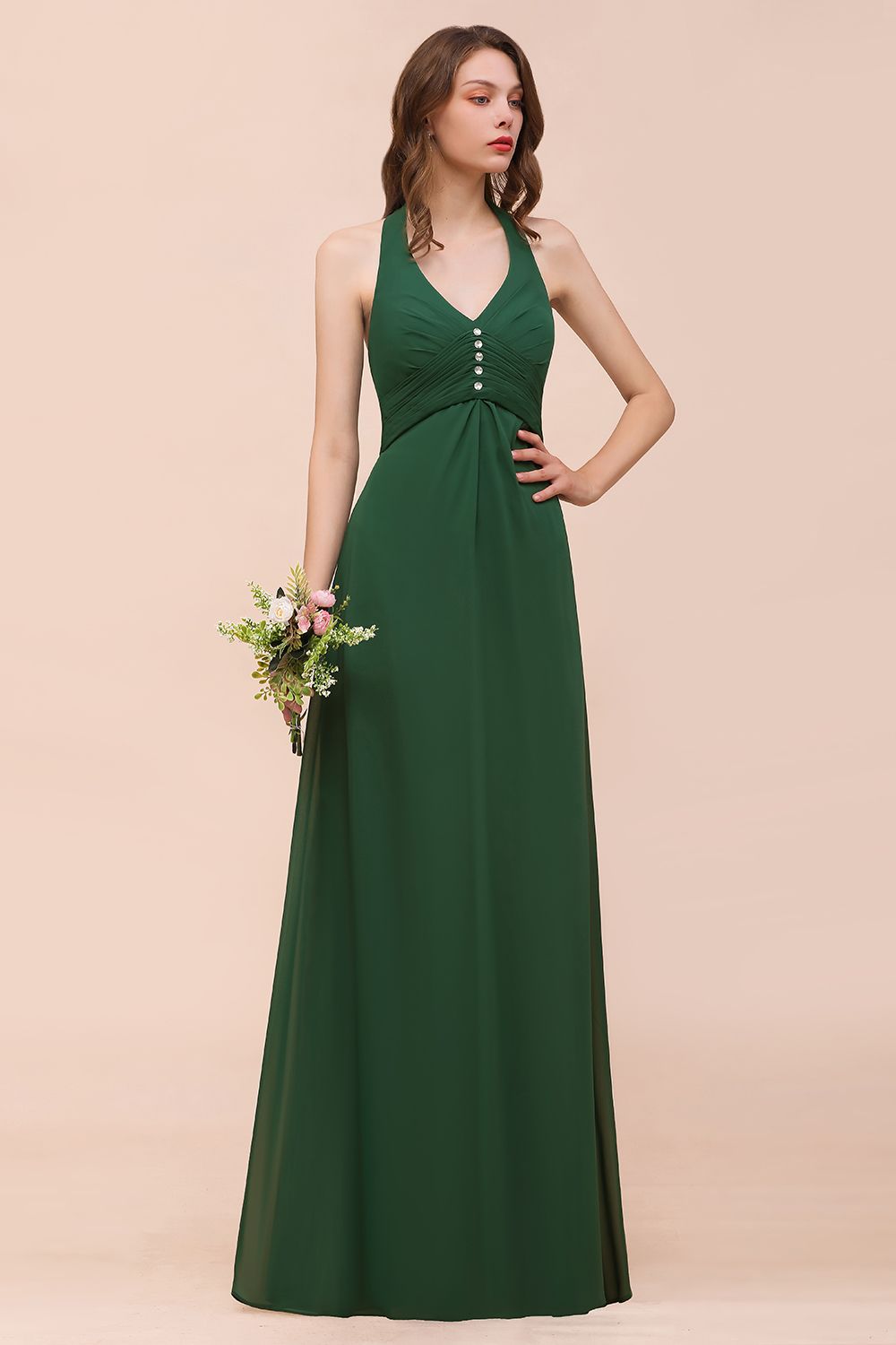 Affordable Halter Beading Ruffle Dark Green Bridesmaid Dress With Shawl-Babyonlines