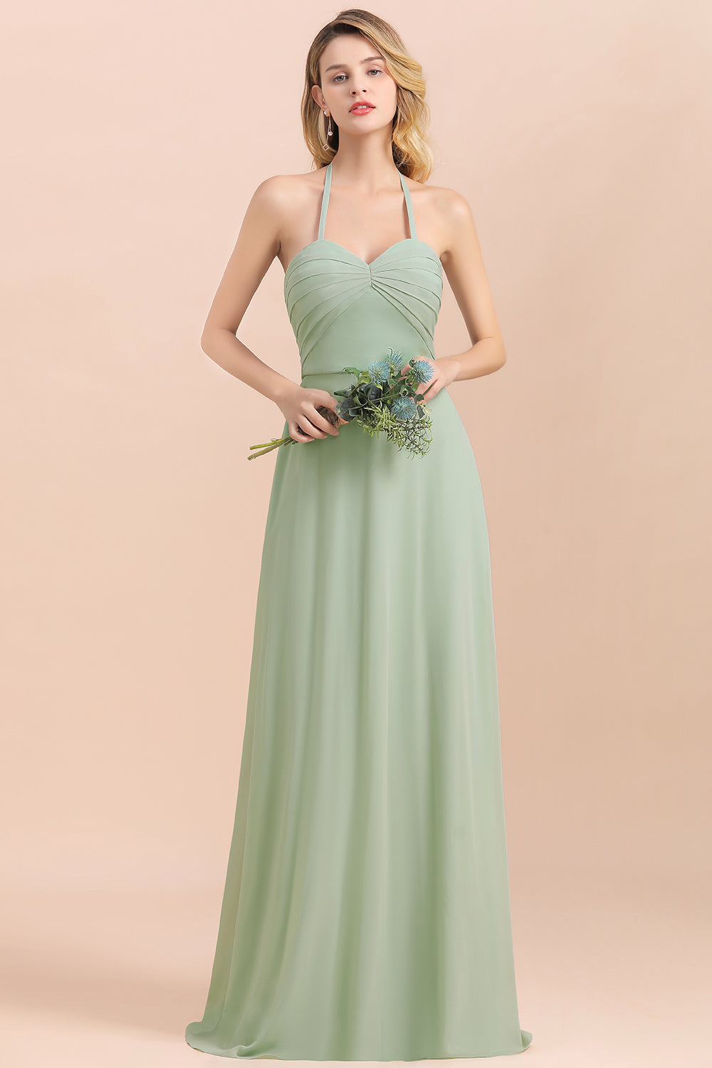 Affordable Halter Sweetheart Chiffon Dusty Sage Bridesmaid Dresses-Babyonlines