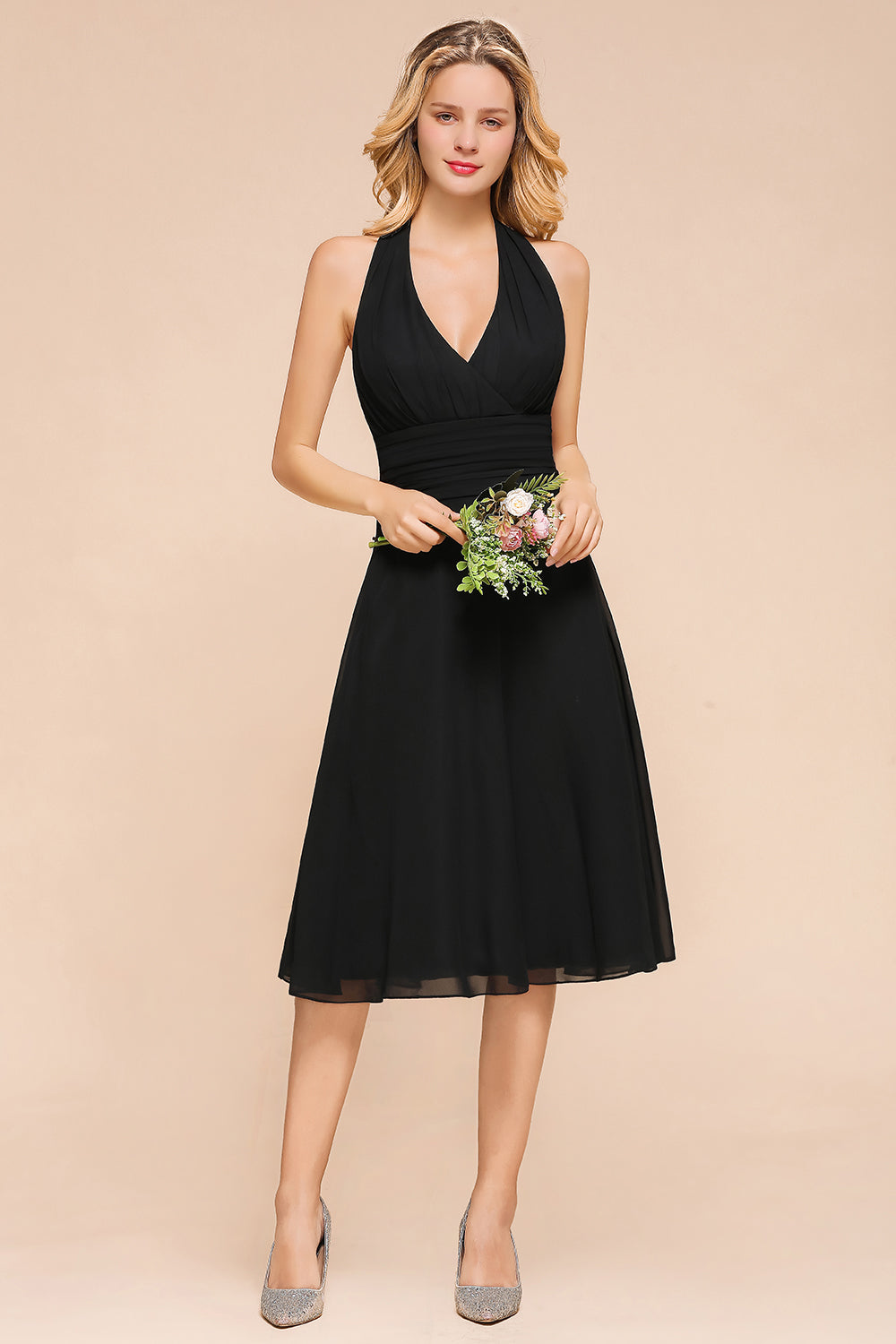 Affordable Halter V-Neck Black Short Bridesmaid Dresses Online-Babyonlines