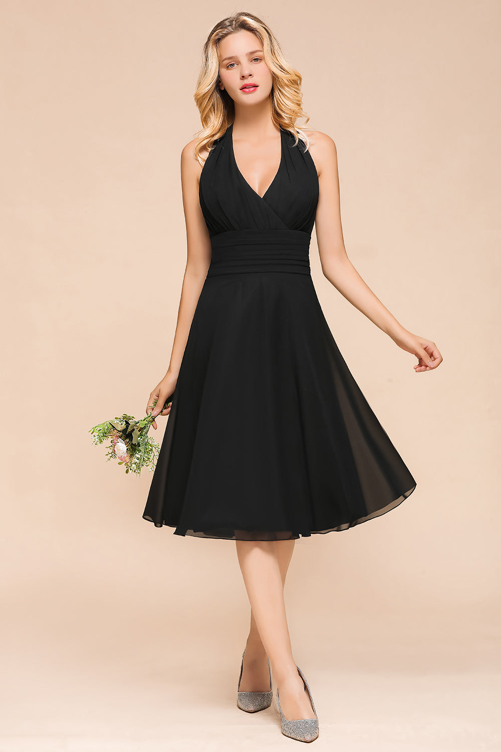 Affordable Halter V-Neck Black Short Bridesmaid Dresses Online-Babyonlines
