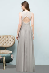 Affordable Lace Sleeveless Silver Bridesmaid Dress with Ruffles-Babyonlines