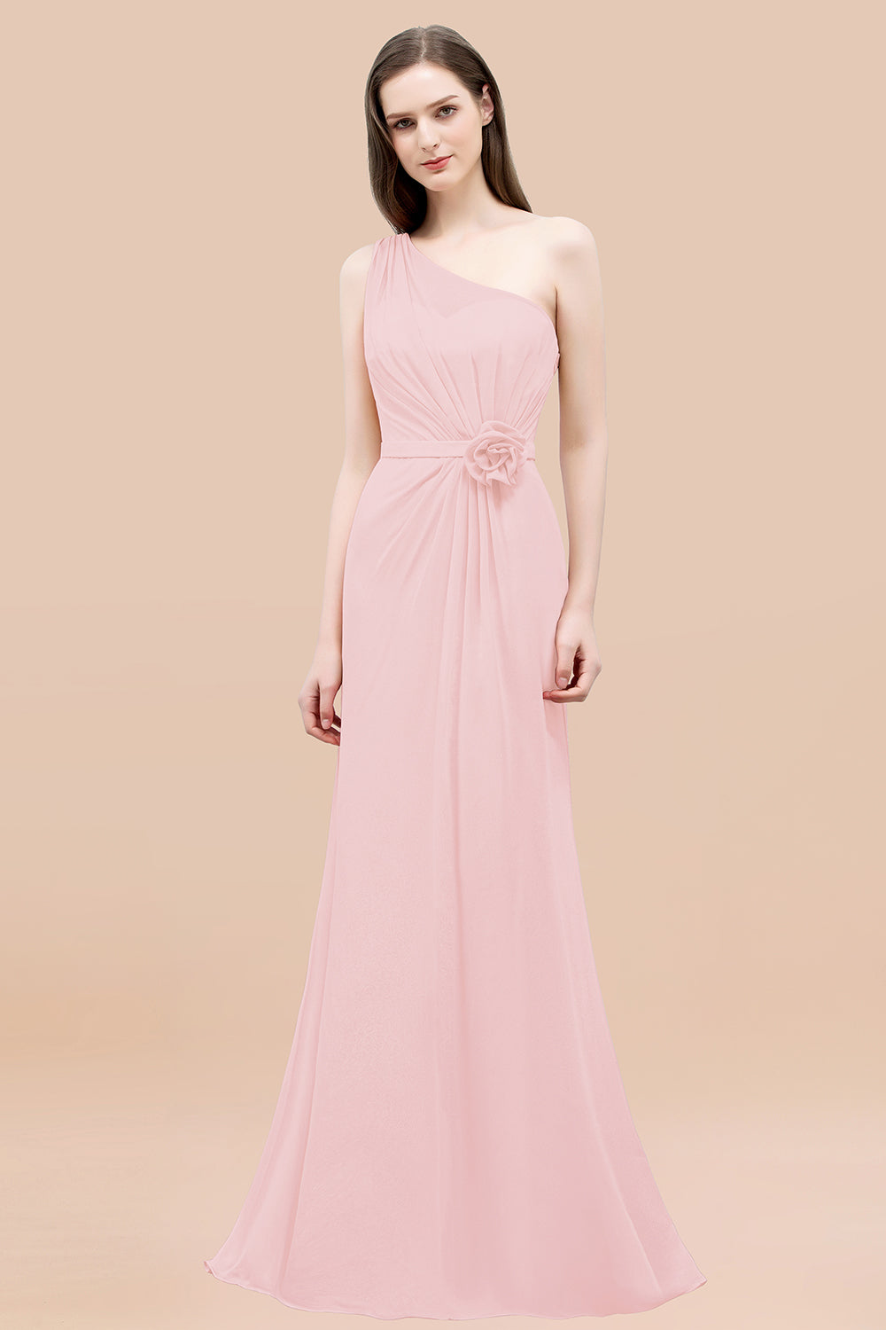 Affordable Mermaid One shoulder Pink Bridesmaid Dresses with Flowers-Babyonlines