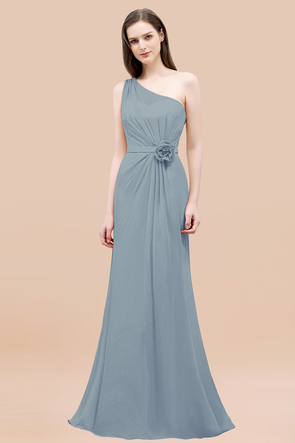 Affordable Mermaid One shoulder Pink Bridesmaid Dresses with Flowers-Babyonlines