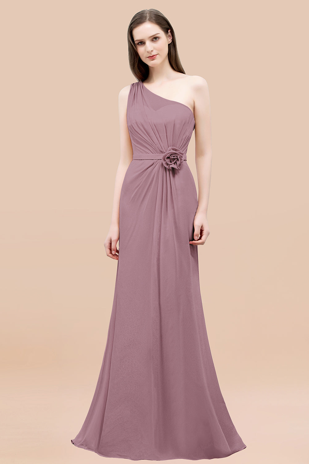 Affordable Mermaid One shoulder Pink Bridesmaid Dresses with Flowers-Babyonlines