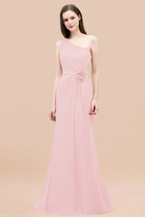 Affordable Mermaid One shoulder Pink Bridesmaid Dresses with Flowers-Babyonlines
