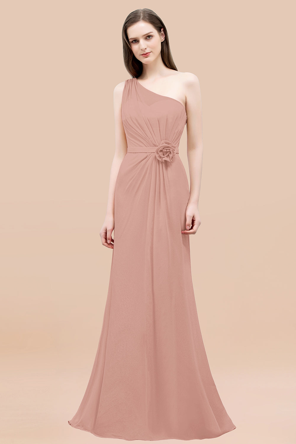 Affordable Mermaid One shoulder Pink Bridesmaid Dresses with Flowers-Babyonlines
