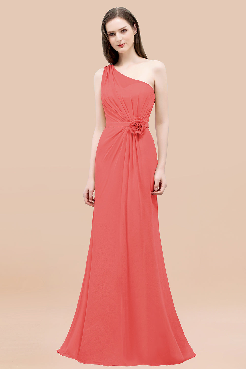 Affordable Mermaid One shoulder Pink Bridesmaid Dresses with Flowers-Babyonlines