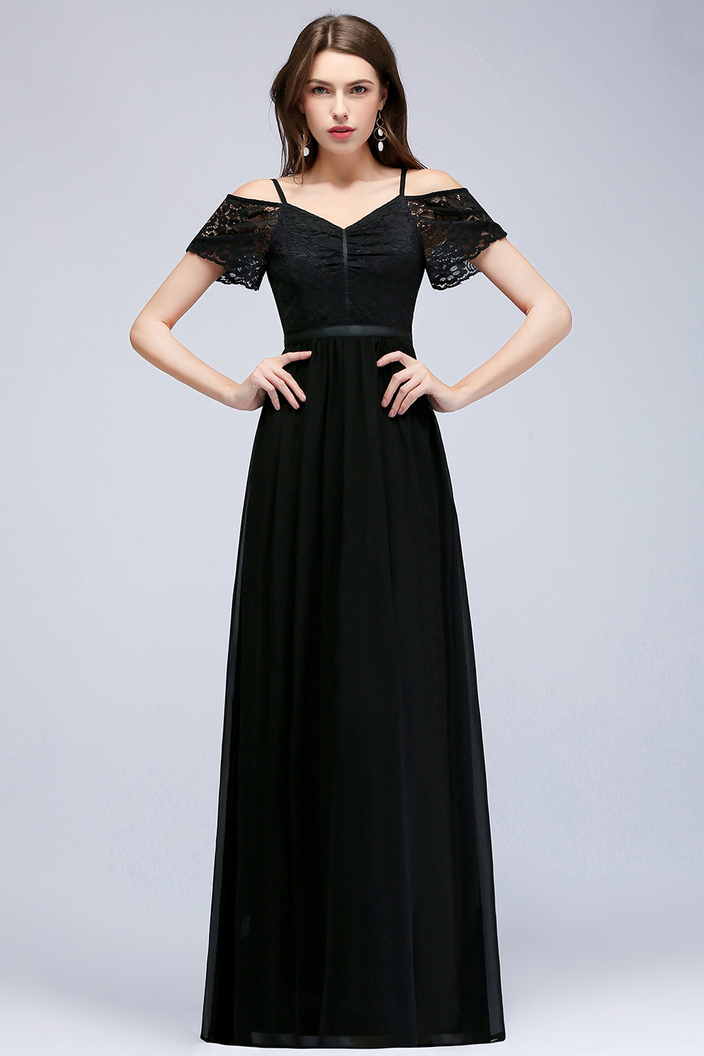 Affordable Off-the-shoulder Black Lace Bridesmaid Dress Online-Babyonlines