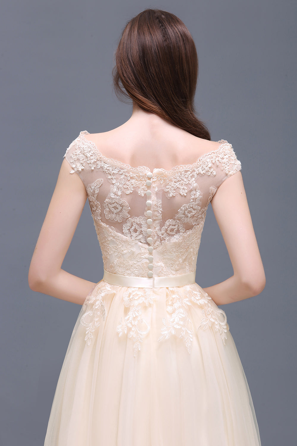 Affordable Off-the-Shoulder Champagne Bridesmaid Dresses with Appliques-Babyonlines