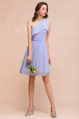 Affordable One Shoulder Ruffle Lavender Chiffon Short Bridesmaid Dress-Babyonlines