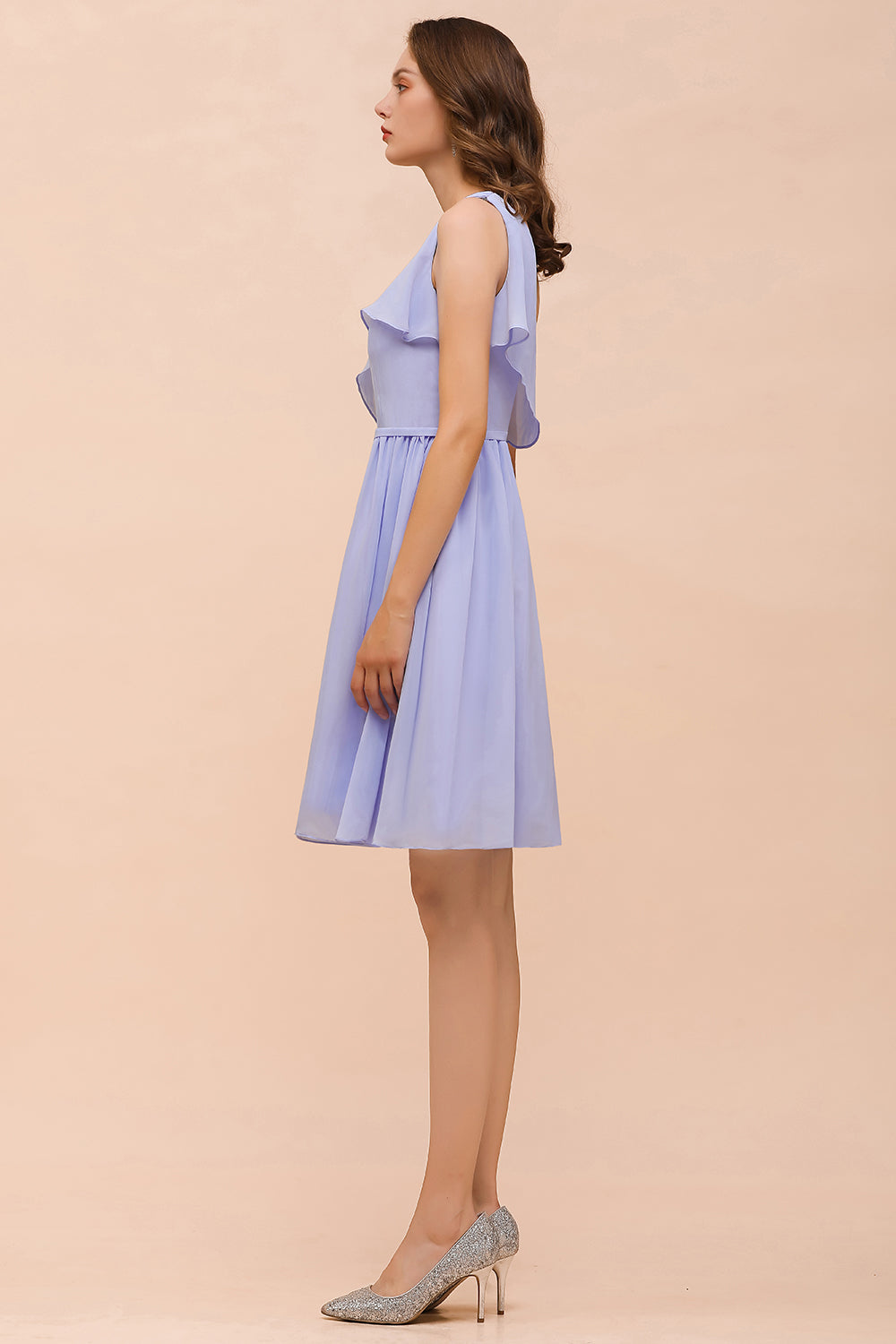 Affordable One Shoulder Ruffle Lavender Chiffon Short Bridesmaid Dress-Babyonlines
