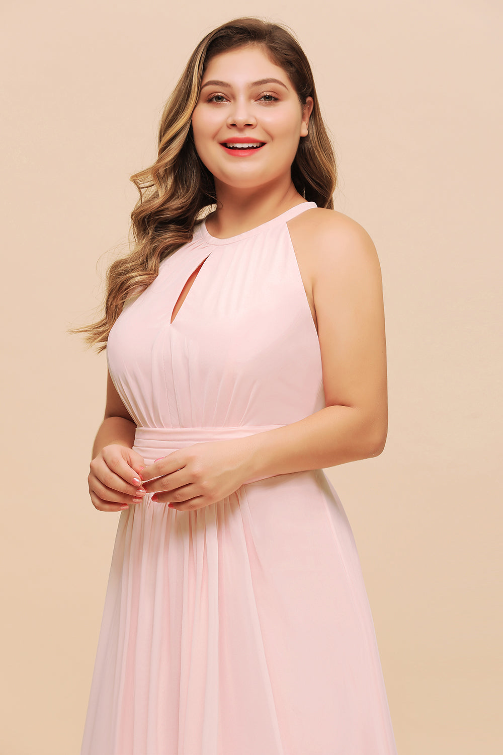 Affordable Plus Size Chiffon Round Neck Pink Bridesmaid Dress-Babyonlines