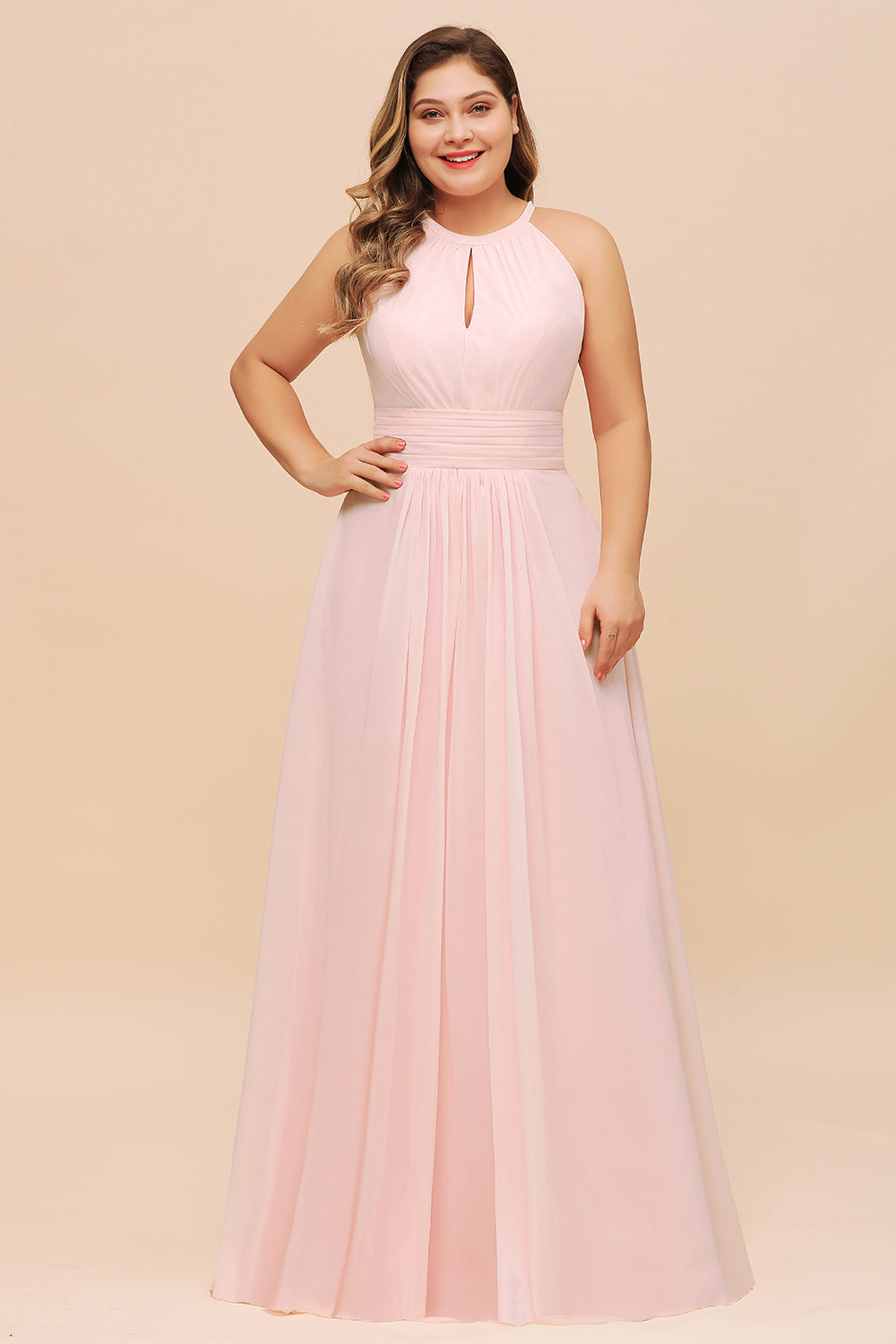 Affordable Plus Size Chiffon Round Neck Pink Bridesmaid Dress-Babyonlines