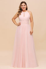 Affordable Plus Size Chiffon Round Neck Pink Bridesmaid Dress-Babyonlines