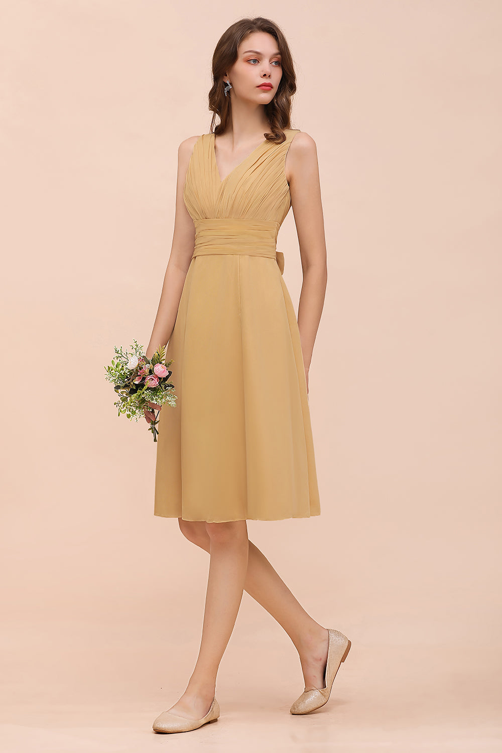 Affordable V-Neck Ruffle Gold Short Bridesmaid Dresses with Bow-Babyonlines
