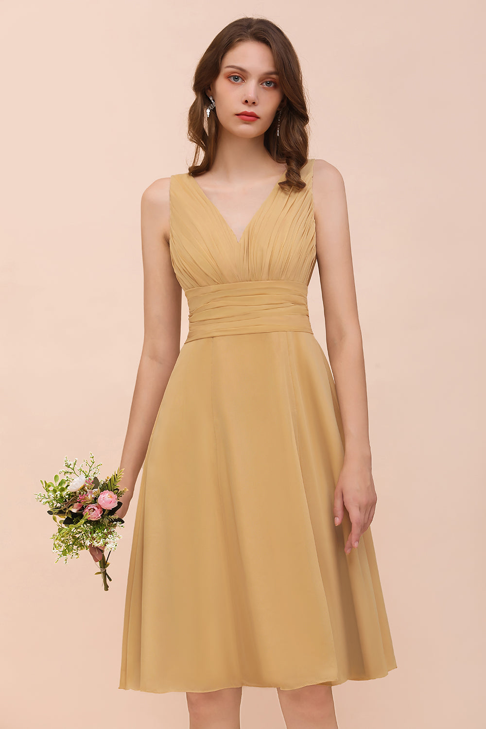 Affordable V-Neck Ruffle Gold Short Bridesmaid Dresses with Bow-Babyonlines