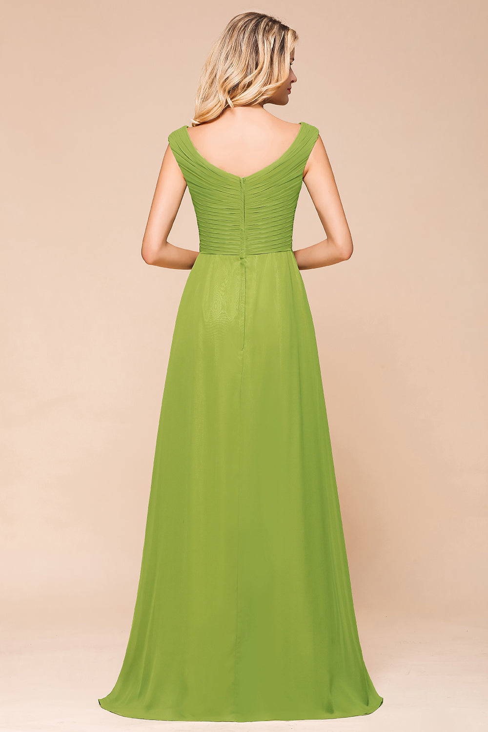 Affordable V-Neck Sleeveless Green Chiffon Bridesmaid Dress Online-Babyonlines