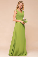Affordable V-Neck Sleeveless Green Chiffon Bridesmaid Dress Online-Babyonlines