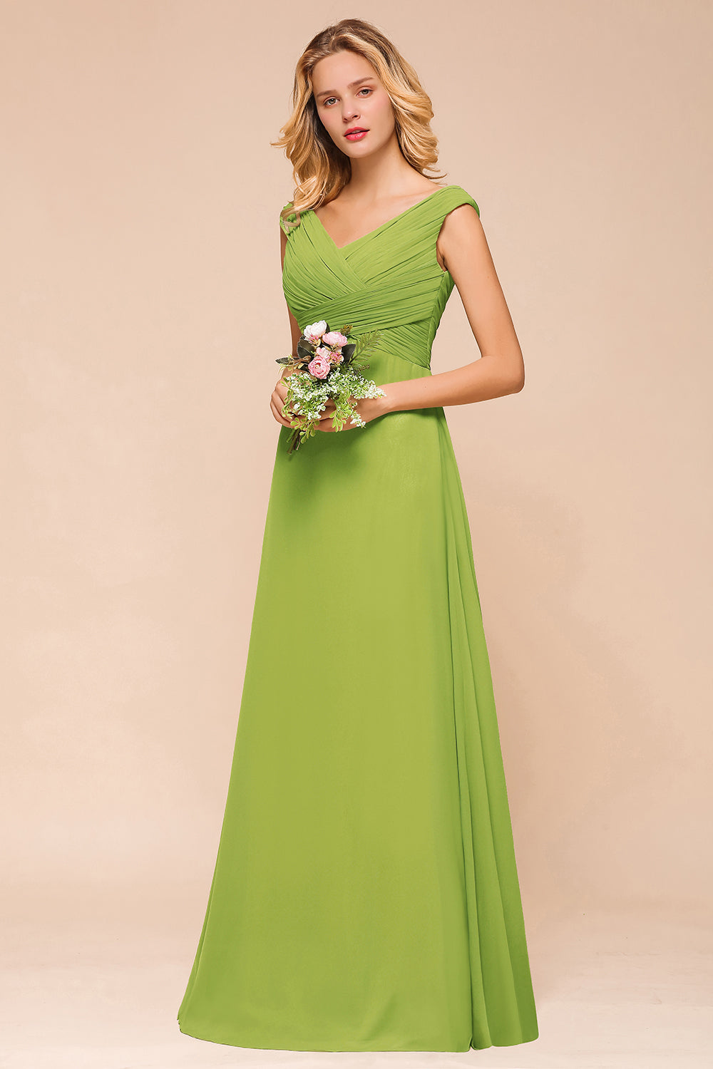 Affordable V-Neck Sleeveless Green Chiffon Bridesmaid Dress Online-Babyonlines