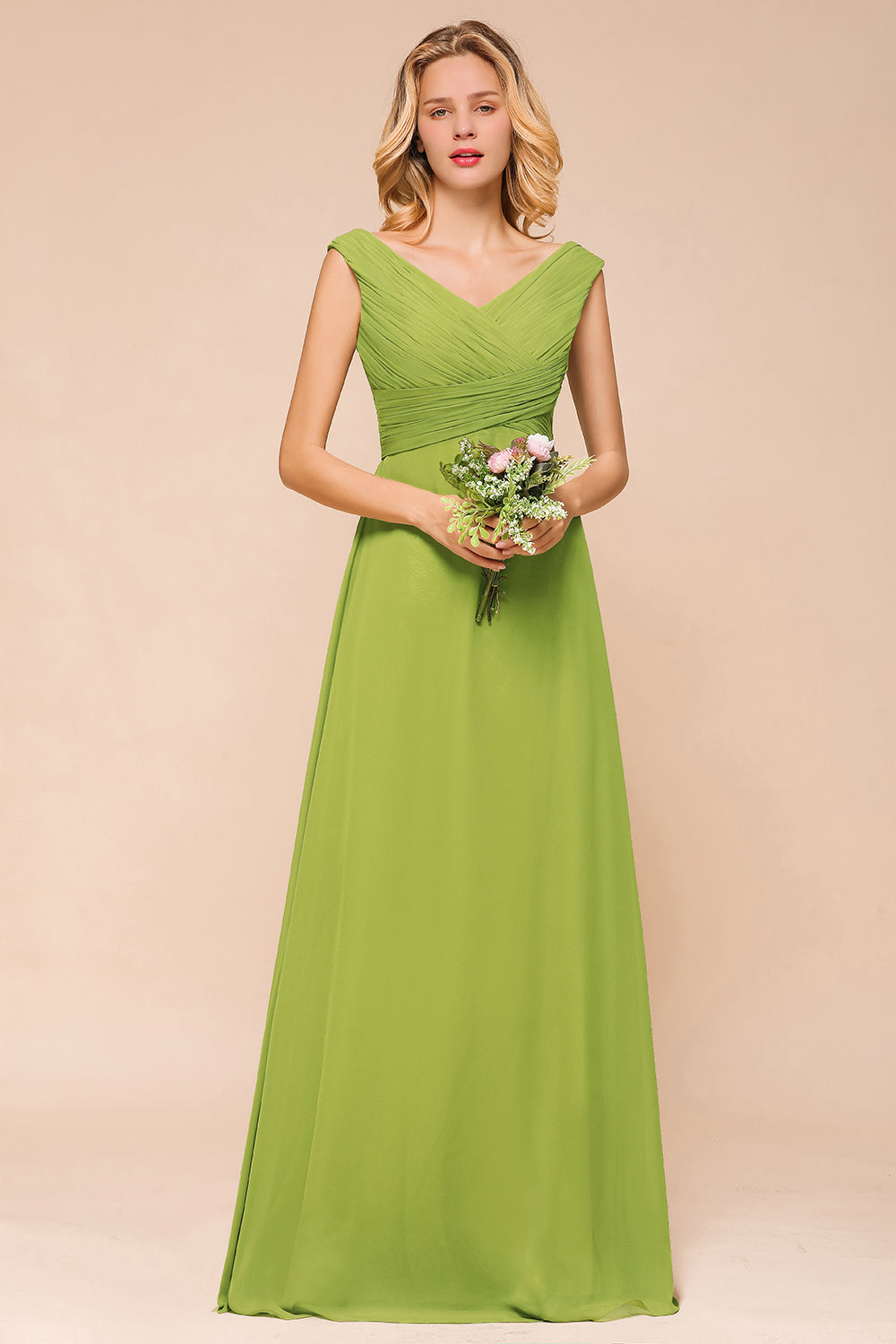 Affordable V-Neck Sleeveless Green Chiffon Bridesmaid Dress Online-Babyonlines