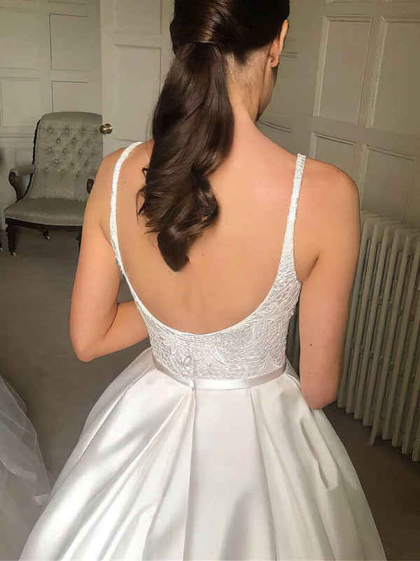 Ball Gown Square Neckline Satin Sweep Train Wedding Dresses With Pockets