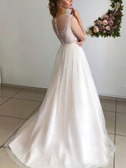 Beaded Ball Gown Illusion Tulle Sweep Train Wedding Dress