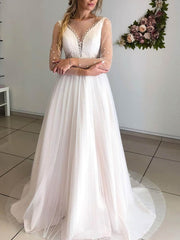 Beaded Ball Gown Illusion Tulle Sweep Train Wedding Dress