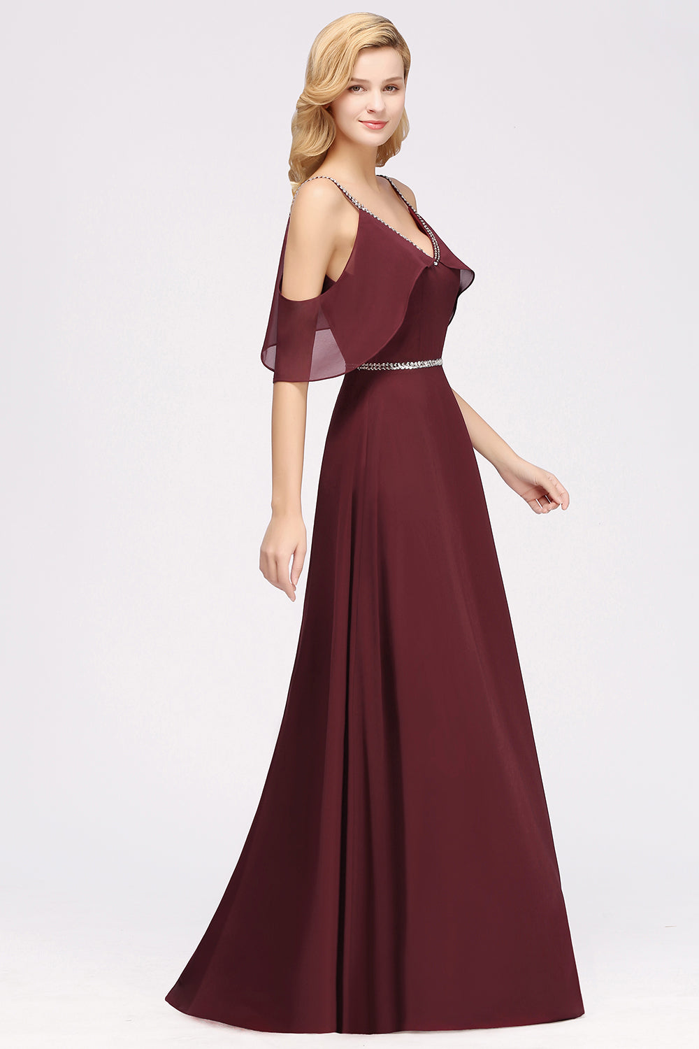 Burgundy Cold-shoulder Long Bridesmaid Dress With Half Sleeve-Babyonlines
