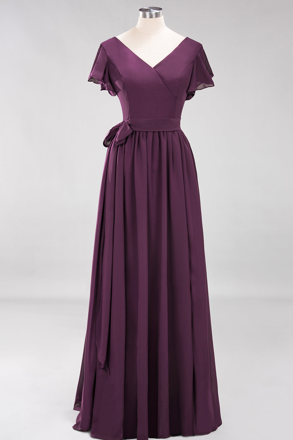 Burgundy V-Neck Long Bridesmaid Dress With Short-Sleeves-Babyonlines