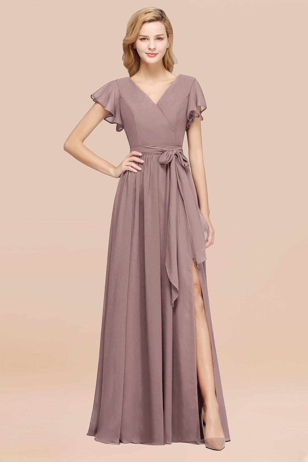 Burgundy V-Neck Long Bridesmaid Dress With Short-Sleeves-Babyonlines
