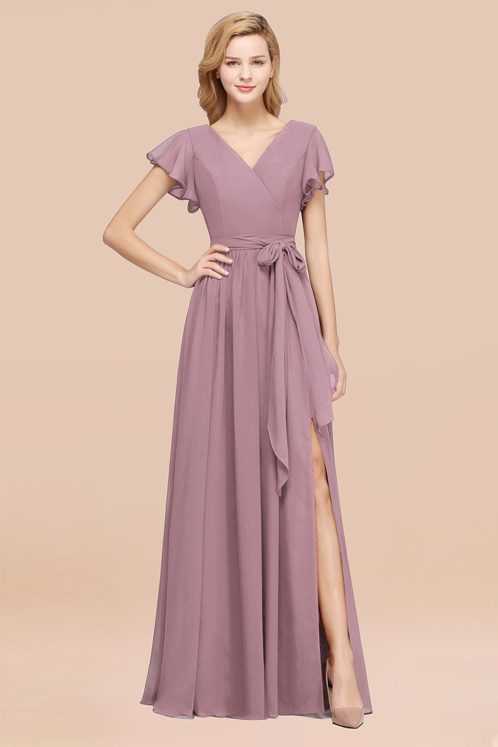 Burgundy V-Neck Long Bridesmaid Dress With Short-Sleeves-Babyonlines
