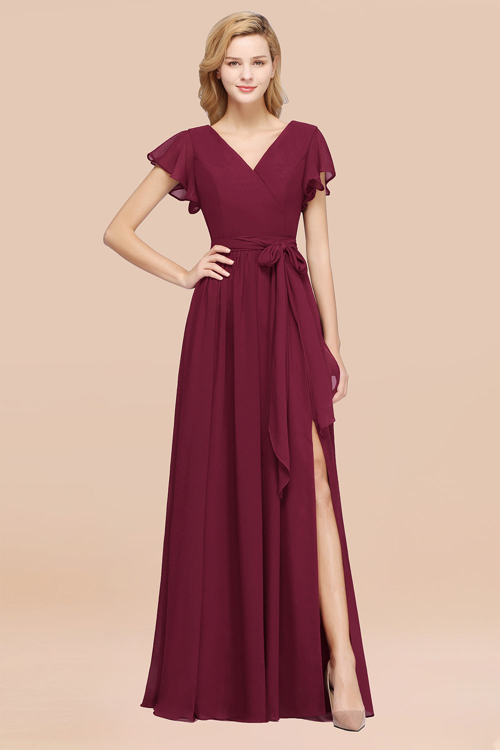 Burgundy V-Neck Long Bridesmaid Dress With Short-Sleeves-Babyonlines