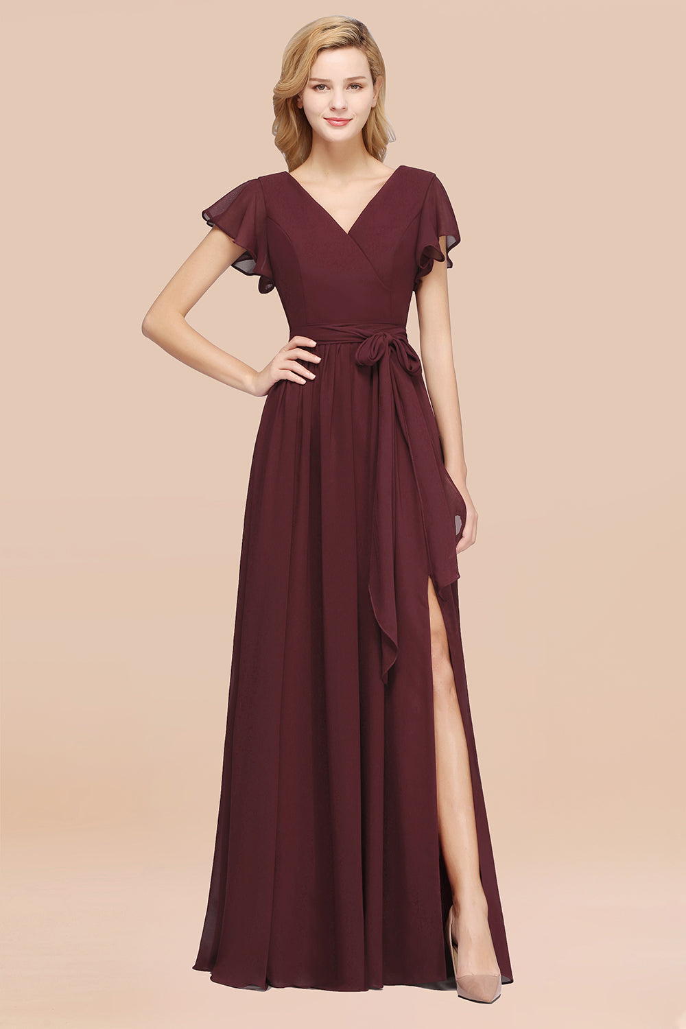 Burgundy V-Neck Long Bridesmaid Dress With Short-Sleeves-Babyonlines