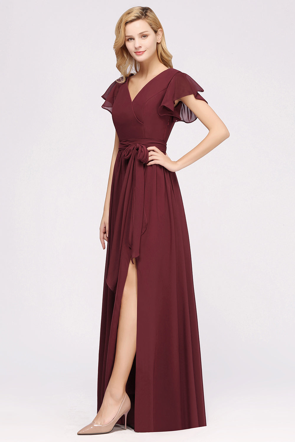 Burgundy V-Neck Long Bridesmaid Dress With Short-Sleeves-Babyonlines