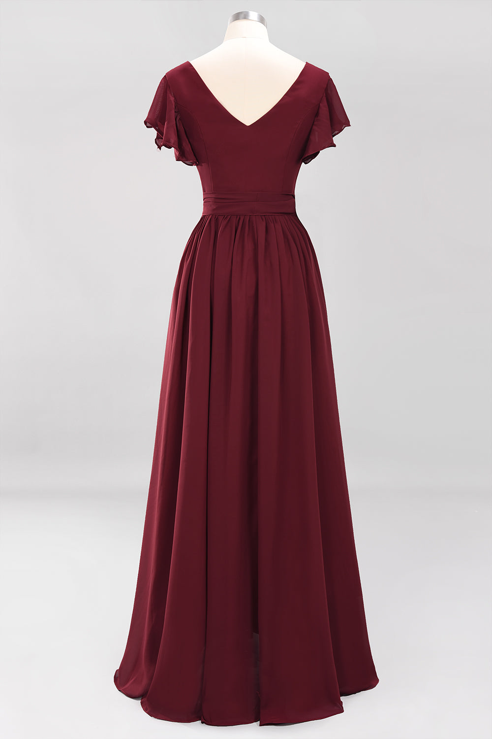 Burgundy V-Neck Long Bridesmaid Dress With Short-Sleeves-Babyonlines