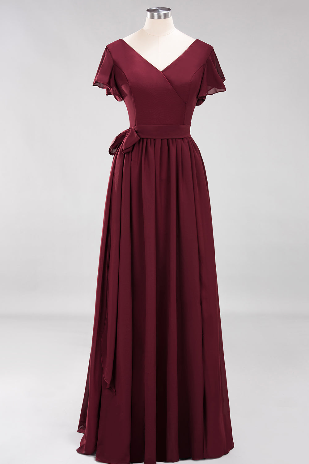 Burgundy V-Neck Long Bridesmaid Dress With Short-Sleeves-Babyonlines