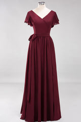 Burgundy V-Neck Long Bridesmaid Dress With Short-Sleeves-Babyonlines